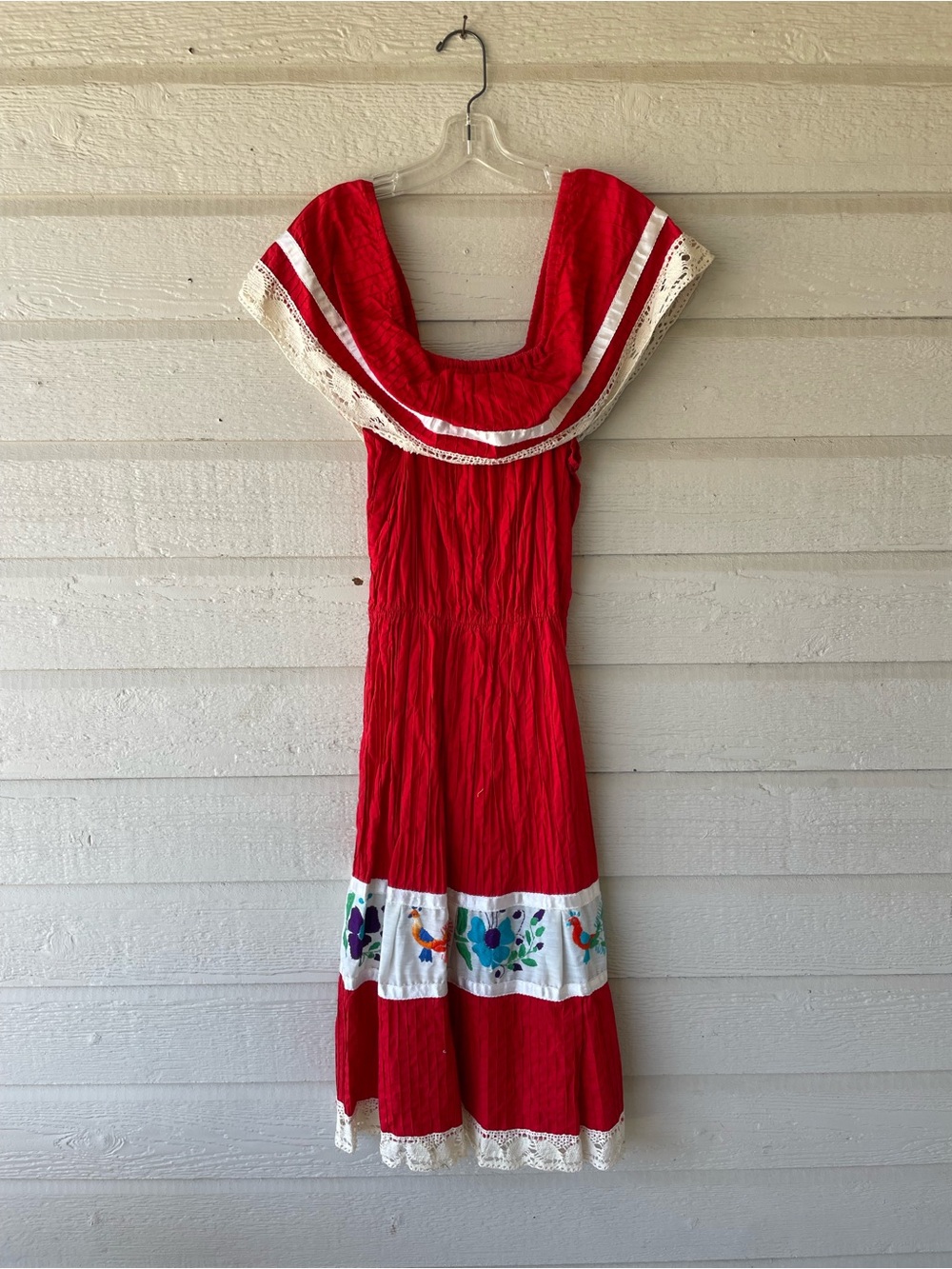 Vintage Red Embroidered Mexican-Style Dress Red Off the Shoulder Woman’s Dress